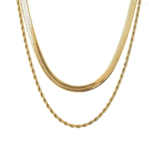 Layered gold stainless steel necklace featuring herringbone blade and twisted rope chains