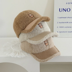 Winter sherpa baseball caps for kids featuring cute bear embroidery in three warm colors
