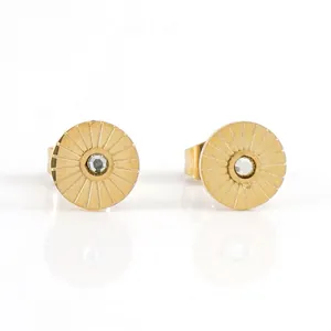 Minimalist 14k gold plated round stud earrings with sunburst pattern and crystal center