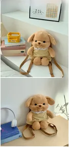 Close-up of light brown plush dog backpack with yellow lace dress and adjustable straps