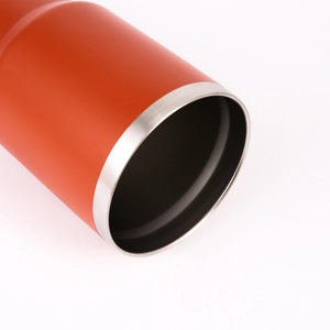 Red 30oz matte stainless steel travel mug with silver rim and insulated interior