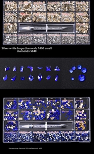 Detail of 21-grid nail art rhinestone set with silver and blue crystals and dotting pen