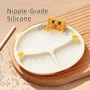 Beige food-grade silicone baby suction plate with three sections and cartoon ear design