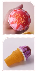 Detailed close-up of realistic PU foam slow-rising pink and purple ice cream cone toys