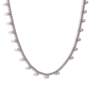 Minimalist silver-tone stainless steel chain necklace with polished beads on white background