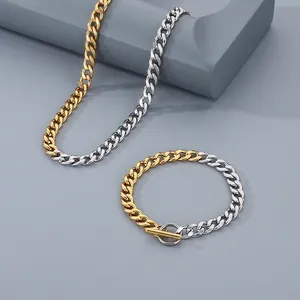 Bijoux Homme Acier Inoxydable Or Argent Bicolore Maille Gourmette Figaro Collier Et Bracelet Avec Fermoir T