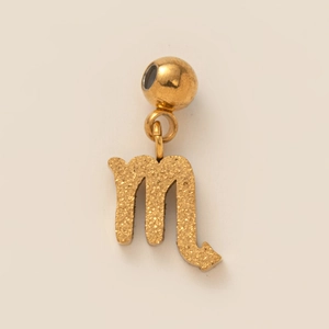 Macro detail of Scorpio zodiac pendant in gold finish with a matte frosted texture