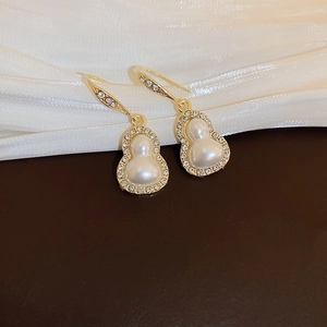 Gourd Hook Earrings Alloy Rhinestone Inlaid With Imitation Artificial Pearl Silver Earring Post Elegant Vintage Style Women