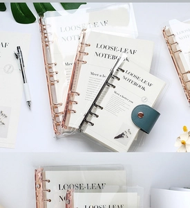 Detailed view of clear PVC 6-ring binder with rose gold rings and cream paper.