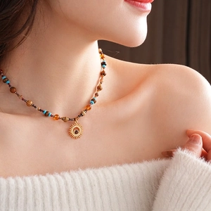 Bohemian Sun Pendant Necklace Stainless Steel Natural Stone Beaded Ethnic Vintage Fashion Choker Jewelry For Women