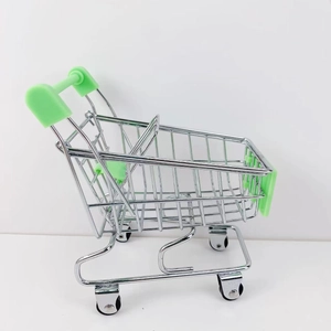 Miniature metal shopping cart for kids with green plastic parts on white background