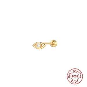 Golden 925 sterling silver evil eye stud earring with clear crystal on white background