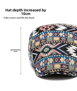 Detail shot showing 10cm depth and jacquard ethnic pattern on the retro flat cap
