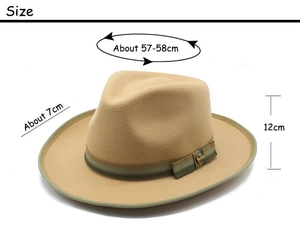 Classic khaki wool fedora with size specs: 57-58cm circumference, 7cm brim, 12cm height
