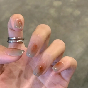 Glossy Finish Artificial Fingernails Maillard Style Caramel Brown Grey Gradient Ombre Square Round Press On Nails For Women
