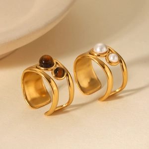 Adjustable gold stainless steel rings set with tiger eye stone and white pearl detail