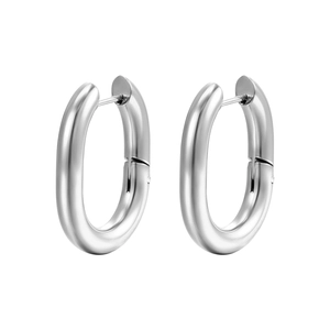 Polished silver stainless steel U-shape hoop earrings with hinged closure on white background