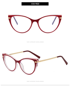 Cat-eye glasses detail showing red TR90 frames and gold metal temples in C02 colorway