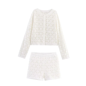 Women Crochet Knit Long Sleeve Cardigan And Shorts Hollow Out Bohemian Resort Streetwear French Style White Apparel