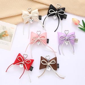 Puffy PU Leather Bow Keychain With Metal Heart Charm And Woven Cord For Bag Charm Phone Lanyard Fashion Accessories