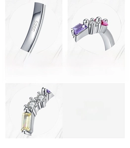 Detailed macro of S925 sterling silver ring featuring colorful 5A cubic zirconia stones