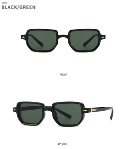 Retro black square sunglasses with green lenses and gold arrow hinges in dual views
