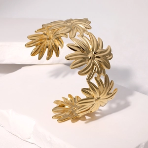 Gold daisy flower open cuff bracelet in stainless steel with elegant floral pattern