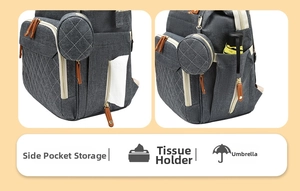 Detail of side storage pockets for tissues and umbrellas on a gray diaper backpack