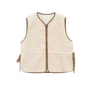 Sherpa Fleece Vest Women V-Neck Sleeveless Zipper Waistcoat Side Bow Tie Detail Contrast Piping Warm Winter Outerwear