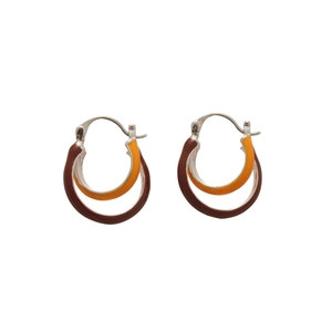 Retro cross-circle enamel earrings in silver and brown finish with hook closure