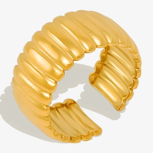 Stainless Steel Ribbed Open Ring Adjustable 18K Gold Plated Geometric Croissant Minimalist Fashion Jewelry