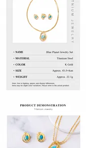 Detailed close-up of titanium gold globe pendant set with turquoise blue stones