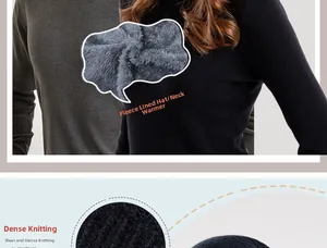 Detail of warm black knitted hat with thick grey fleece lining for winter protection
