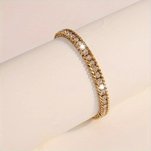 Sparkling gold stainless steel bracelet with double rows of brilliant round zircons