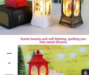 Detail of mini Christmas LED lanterns with festive reindeer and snowman patterns