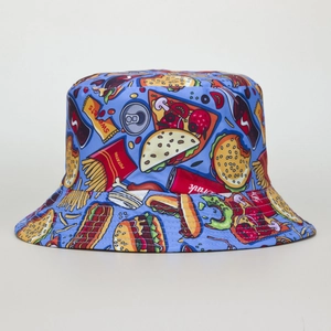 Light blue bucket hat with fast food prints like burgers and fries for sun protection