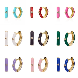 Set of colorful S925 silver needle C-shaped enamel hoop earrings with single diamond
