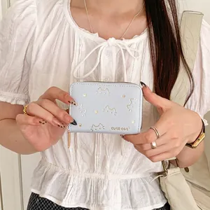 Light blue PU leather cat wallet with gold kitten prints and metal zipper closure
