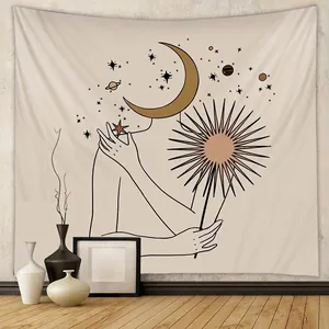 Bohemian Wall Tapestry Polyester Brushed Fabric Minimalist Line Art Astrological Sun Moon Stars Aesthetic Bedroom Decor