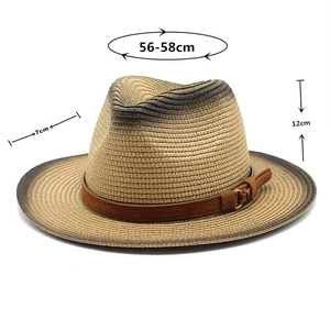 Detail of straw fedora hat dimensions: 56-58cm head girth, 7cm brim and 12cm height