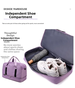 Detailed view of large capacity fitness travel bag featuring a separate shoe warehouse