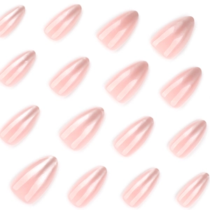 Pearlescent pink gradient short almond press-on nails with shiny pearl finish luster