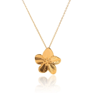 Waterproof gold stainless steel necklace featuring a five-petal flower pendant on white background