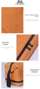 Detail showing waterproof high-density nylon fabric and double zipper of the travel bag
