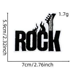 Detailed view of Rock themed embroidered patch with dimensions 7cm x 5.9cm in black and white