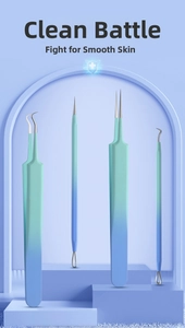 Macro detail of 4-piece stainless steel acne tool set with blue-green gradient handles
