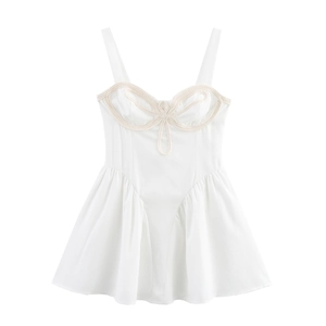 Mini Abito Bianco Con Spalline Sottili E Decorazione In Corda Intrecciata Vita Alta Orlo Pieghettato Dolce Elegante Donna