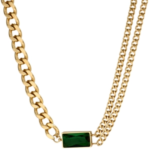 Titanium steel necklace with emerald cut green gemstone and asymmetrical chain design