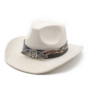 Close-up of cream faux suede cowboy hat with USA metal eagle shield on leather band