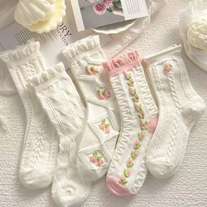Damen Wadenlange Socken Rüschenmanschette Tulpenstickerei Japanischer JK-Stil Atmungsaktiv Blumig Dünner Strick